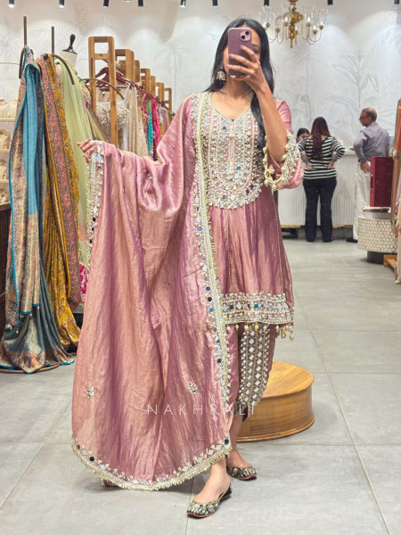 Amaya Mauve Tissue Dhoti Kurta Set with Mirror and Gota Patti Work