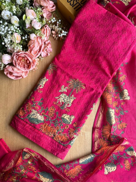 Katha Magenta Printed Dress Material Set