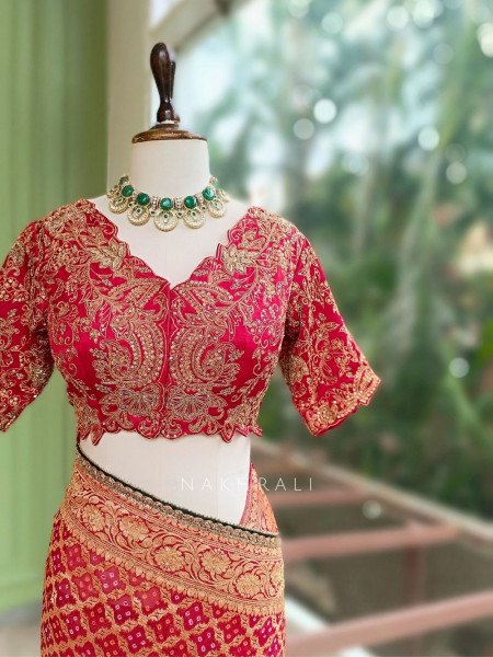 Trishna Red Georgette Silk Blend Saree With Bandhani & Banarasi Zari Work