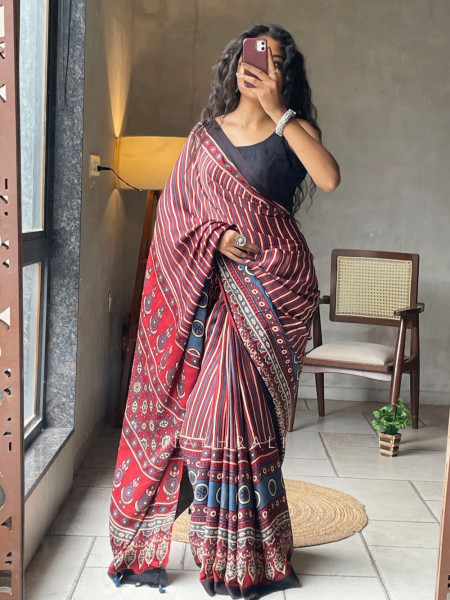 Vasudha Red Modal Silk Saree With Ajrakh Print