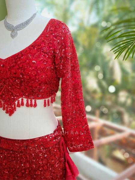 Kavika Red Net Lehenga with Sequin and Cut Dana Work