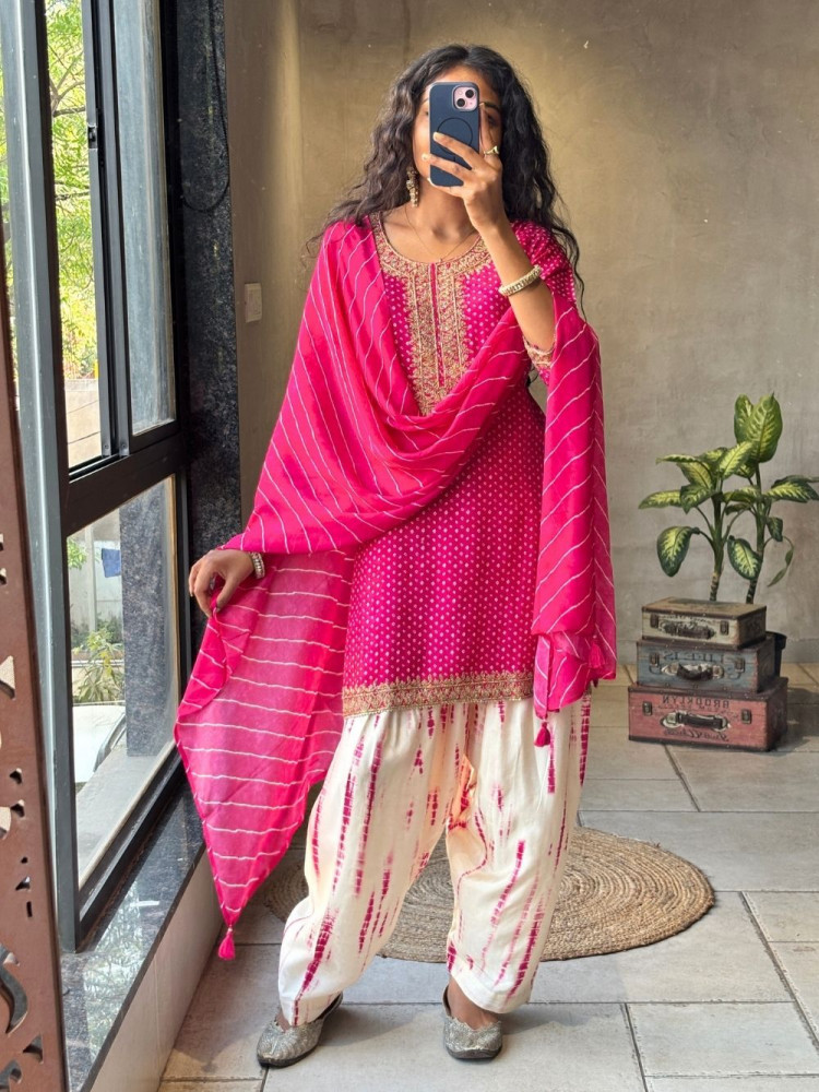 Image of Rivkara Pink Bandhej Suit Set with Golden Embroidery and Bead Work