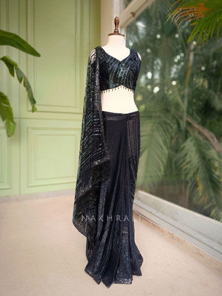 Nyxara Black Drape Saree with Sequin Work