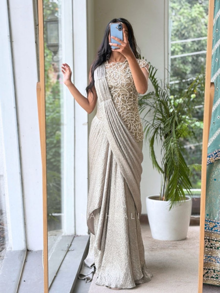 Ripple Beige Crushed Silk & Tulle Net Pre-Stitched Drape Saree