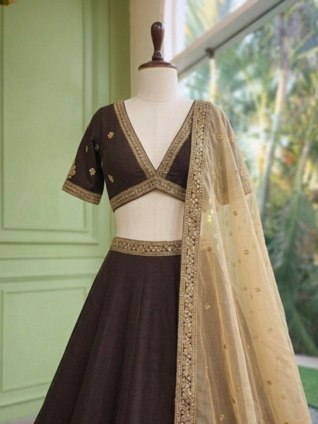 Zari-Crested Cocoa Brown Lehenga