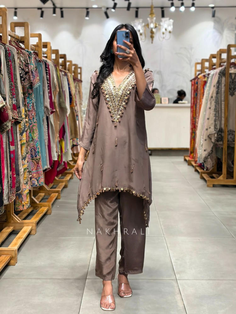 Image of Cavira Brown Kurta Pant Set with Zari Sequin Work