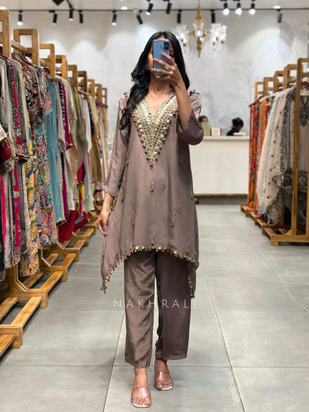 Cavira Brown Kurta Pant Set with Zari Sequin Work