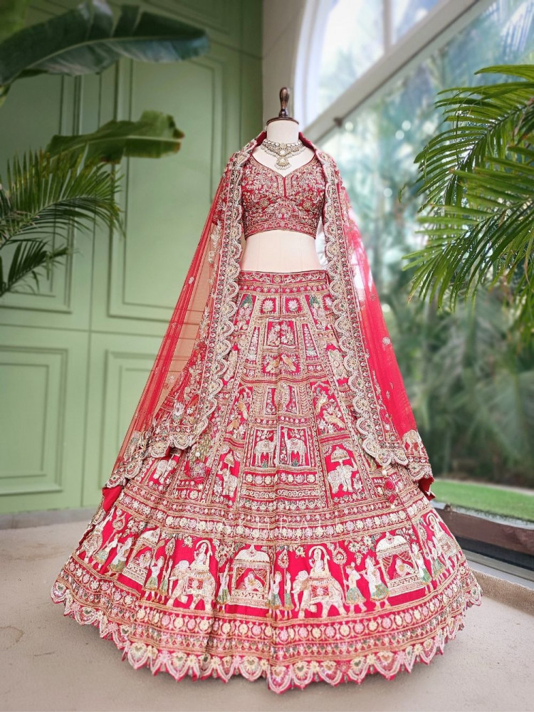 Image of Shahi Vivah Bridal Red Raw Silk Bridal Lehenga Set With Zardozi, Pitta &amp; Resham Work