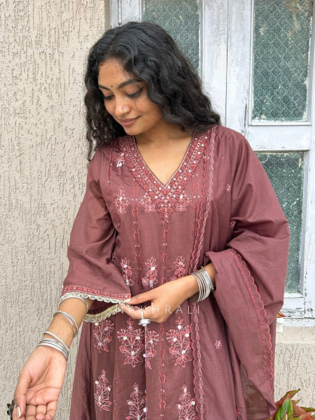 Mrinmayi Wine Pure Mul Cotton Anarkali Suit Set With Thread Embroidery & Mirror Work