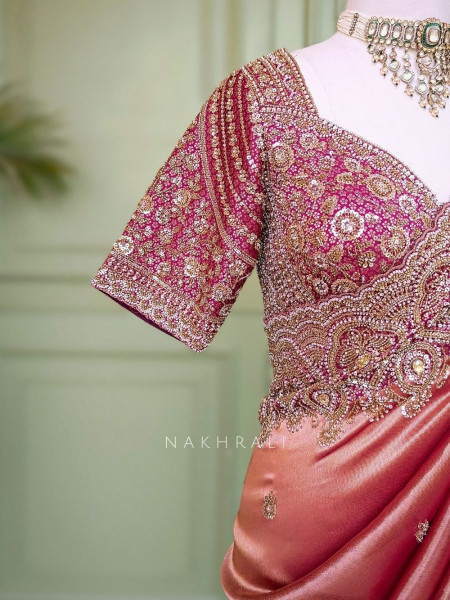 Suhasani Wine Saree with Readymade Blouse and Sequin Bead Embroidery