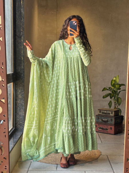 Mireya Green Cotton Anarkali Suit Set with Printed Design