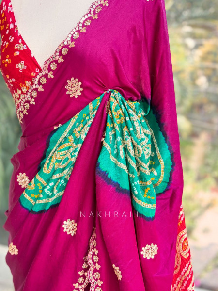 Rangtaal Wine Bandhani Saree