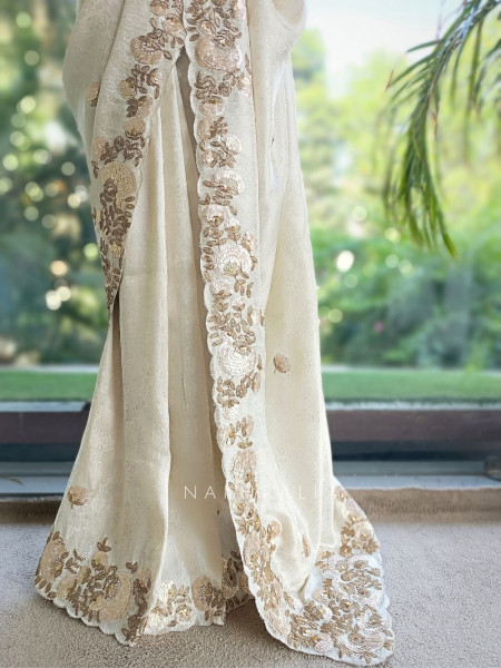 Dimensional Petal Cream Saree with Running Blouse Piece