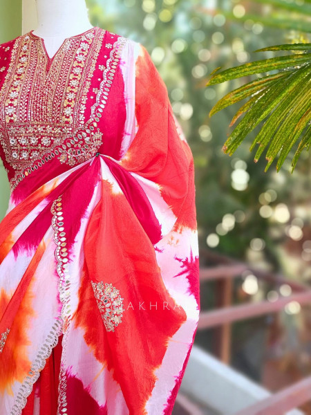 Rangriti Red Leheriya Saree with Sequin Gota Blouse