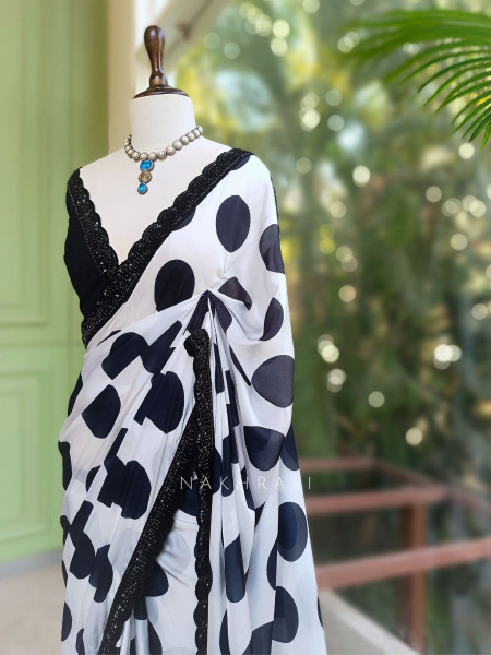 Kavika Black & White Polka Dot Georgette Saree with Lace Border