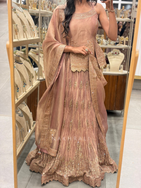 Cressida Peach Shimmer Tissue Indo-Western Lehenga