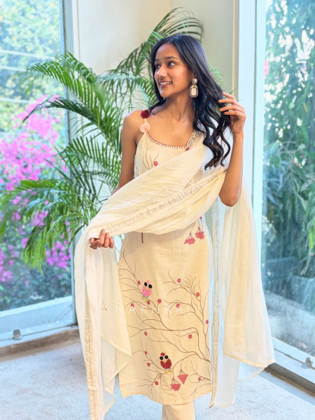 Rivya Cream Cotton Suit Set with Nature Embroidery