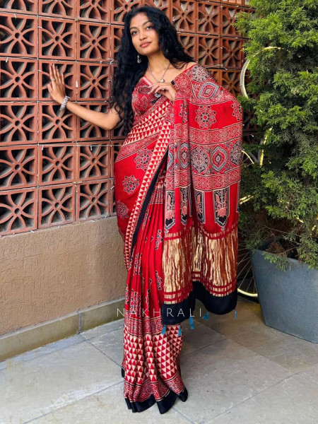 Naqsh Red Ajrakh Print Modal Saree
