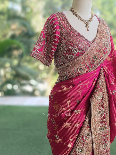 Kaanch-Kaseeda Magenta Saree with Readymade Blouse
