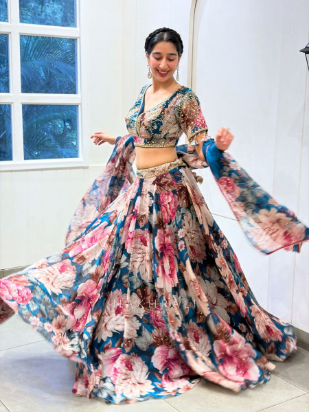 Marjaan Multicolor Organza Silk Floral Printed Lehenga with Zardozi, Cutdana & Sequin Work