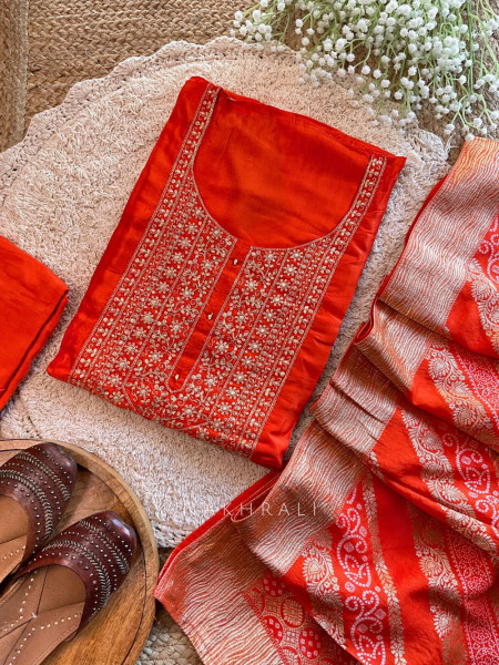 Tarang Orange Dress Material with Embroidery and Woven Dupatta