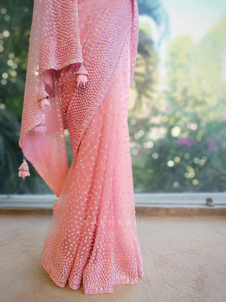 Chandelier Pink Net Saree with Sequin and Cut Dana Blouse