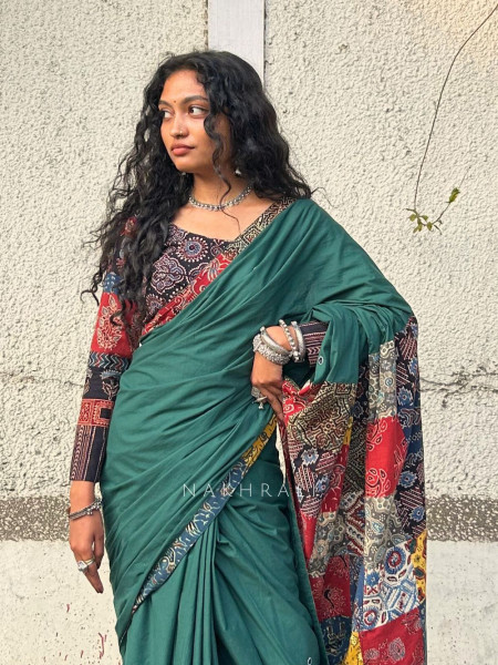 Sootra Green Cotton Saree with Patchwork Border