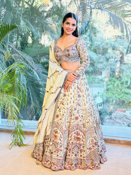 Saumya Cream Embroidered Lehenga with Sequin and Cut Dana Work