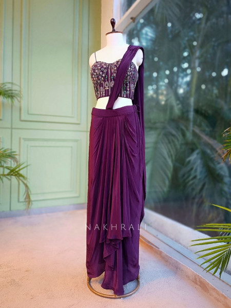 Vireya Wine Pre-Draped Saree with Embellished Blouse