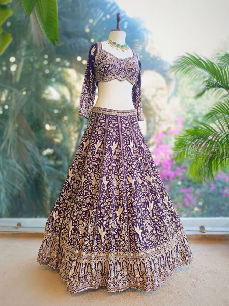 Zareen Purple Thread and Sequin Embroidered Lehenga Set