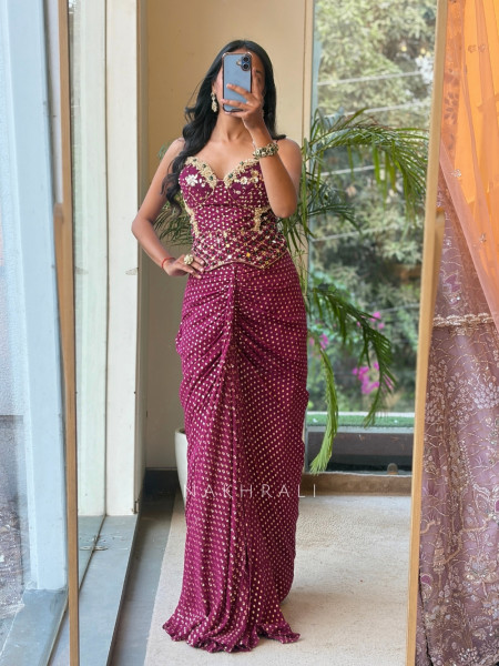 Artifact Wine Indo-Western Corset Crop Top & Pre-Draped Skirt