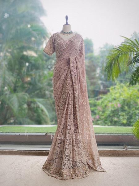 Lunara Beige French Chantilly Lace Designer Saree with Readymade Blouse