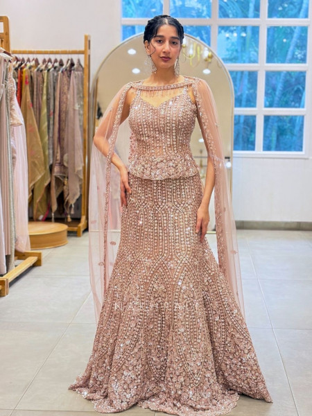Rose Gold Lattice Cape Ensemble Fish Cut Lehenga