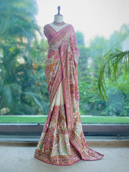 Pichwai Concept Vibrant Yellow Satin Saree