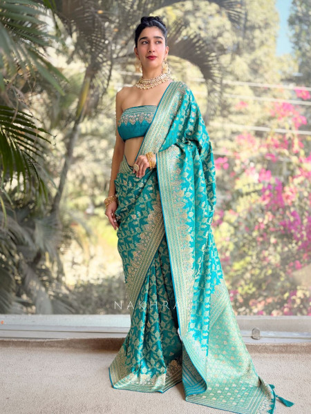 Aarvika Rama Green Banarasi Brocade Saree with Woven Motifs