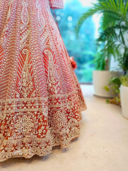 Royal Vermilion Brick Bridal Lehenga with Intricate Zari Work