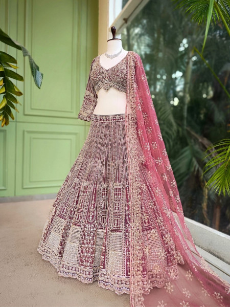 Ruvira Wine Bridal Lehenga with Zari and Sequin Work