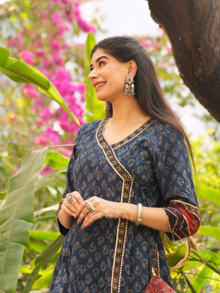 Mirza Blue Angrakha Cotton Kurta
