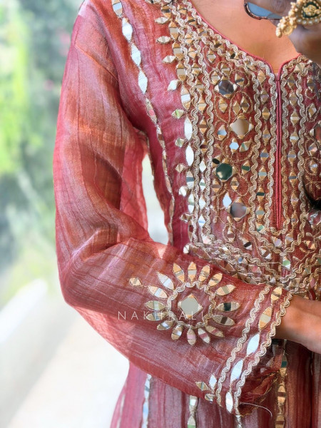 Evara Brown Tissue Anarkali Suit Set with Mirror and Gota Work