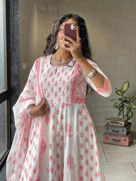 Nerith Pink Cotton Suit Set with Floral Block Print
