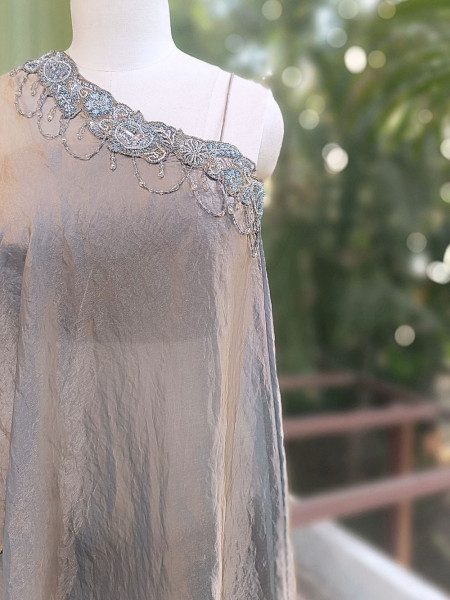 Leoria Grey Satin Indo Western Palazzo Set with Beaded Off Shoulder Top