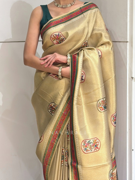 Chitrakosh Cream Banarasi Tussar Saree