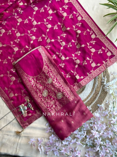 Koshika Magenta Banarasi Woven Silk Dress Material