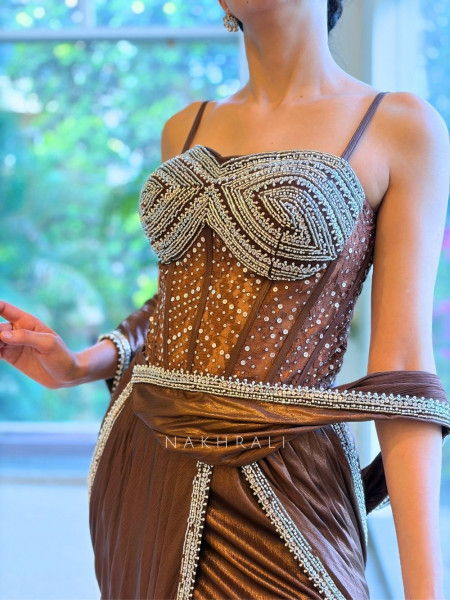 Noir Diva Brown Drape Saree with Sequin and Cut Dana Work