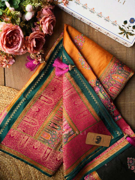 Sarovar Mustard Woven Motif Saree with Traditional Border