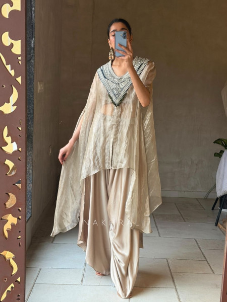 Silvara Beige Tissue Kaftan Palazzo Set with Sequin Embroidery