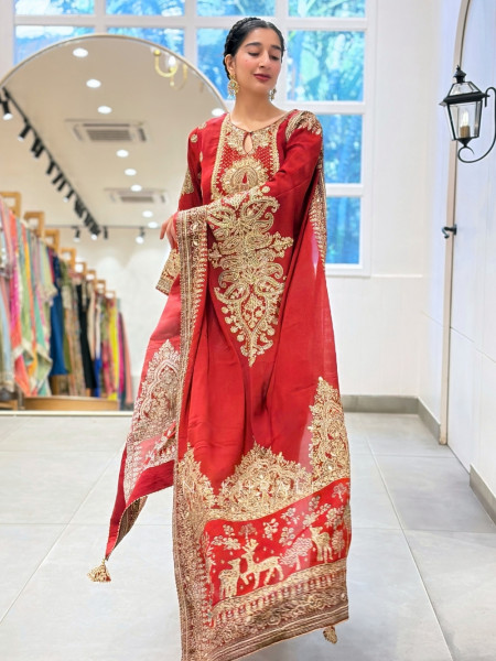 Gulnaaz Red Silk Kurta Salwar Set with Peacock Zardozi & Gota Patti Work