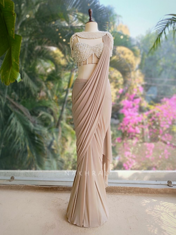 Image of Briona Grey Drape Saree with Pearl Embellished Blouse