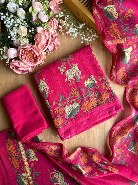 Katha Magenta Printed Dress Material Set