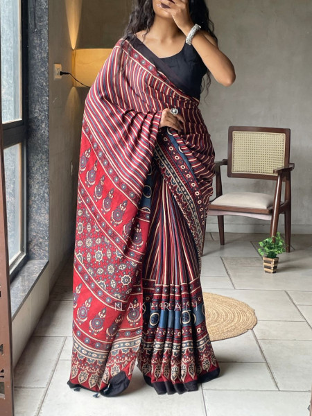 Vasudha Red Modal Silk Saree With Ajrakh Print